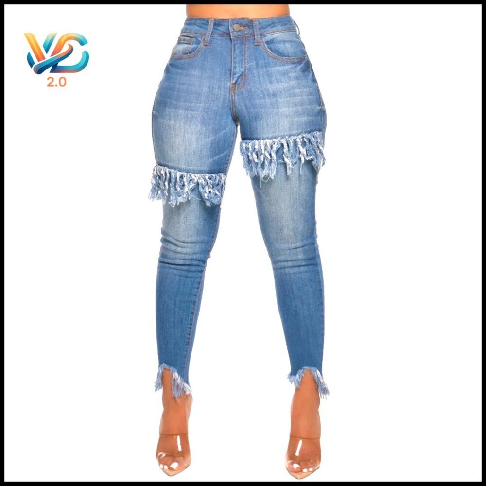 Skinny Stretch Jeans Ripped Frayed Hem‎ Slim Fit Denim Pants